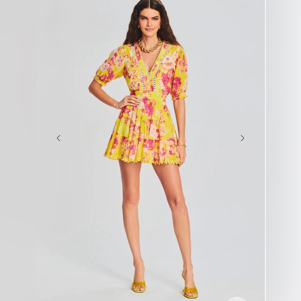 HEMANT & NANDITA Yellow and Pink Floral V-Neck Mini Dress